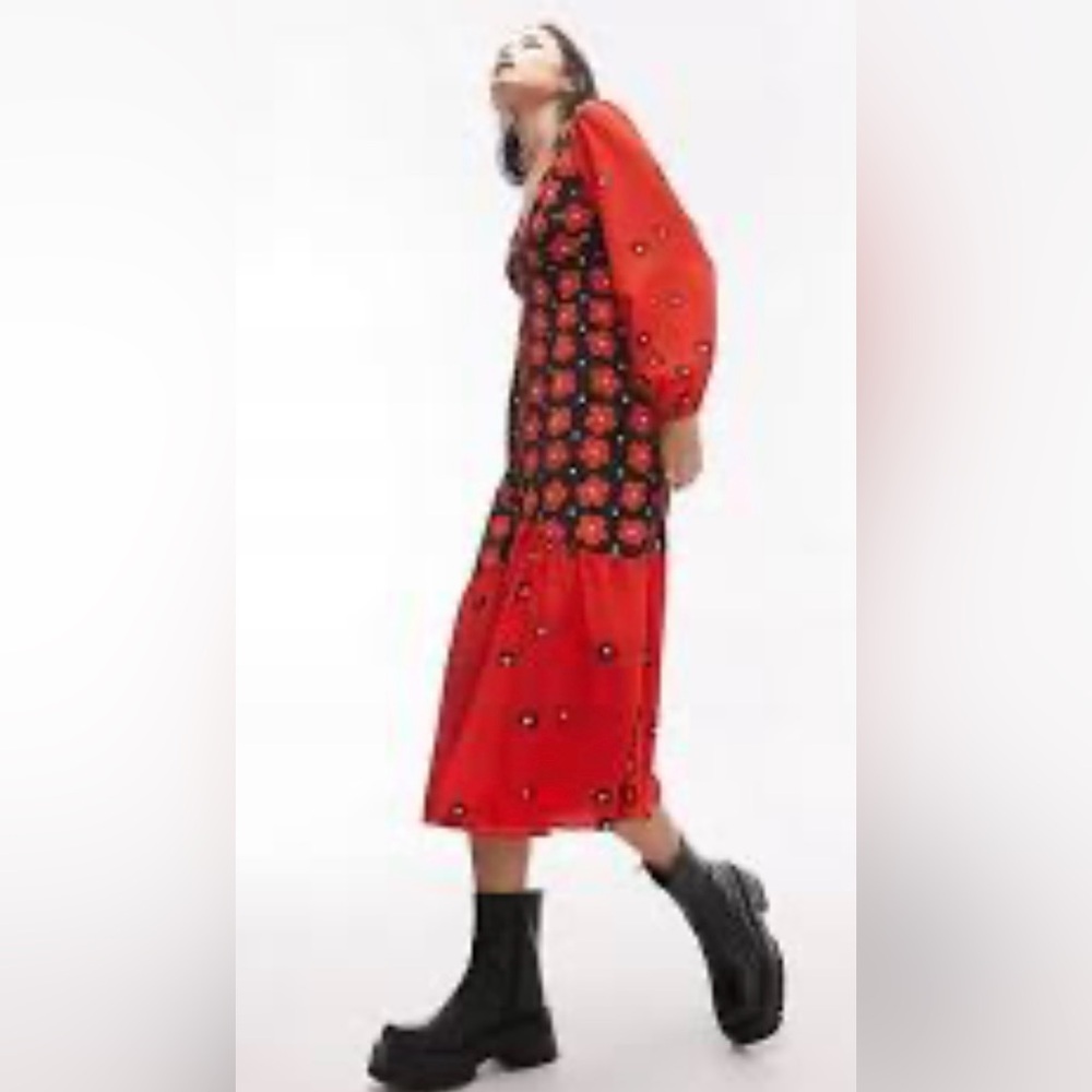 Topshop Long Sleeve Flounced Floral ColorBlock Midi Dress Navy & Poppy Red TB15 - Picture 5 of 12